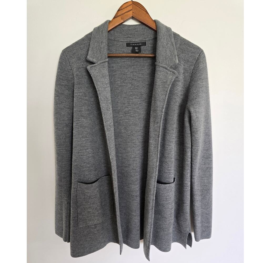 Tahari Gray Wool Blend Open Front Jacket Cardigan Size: S